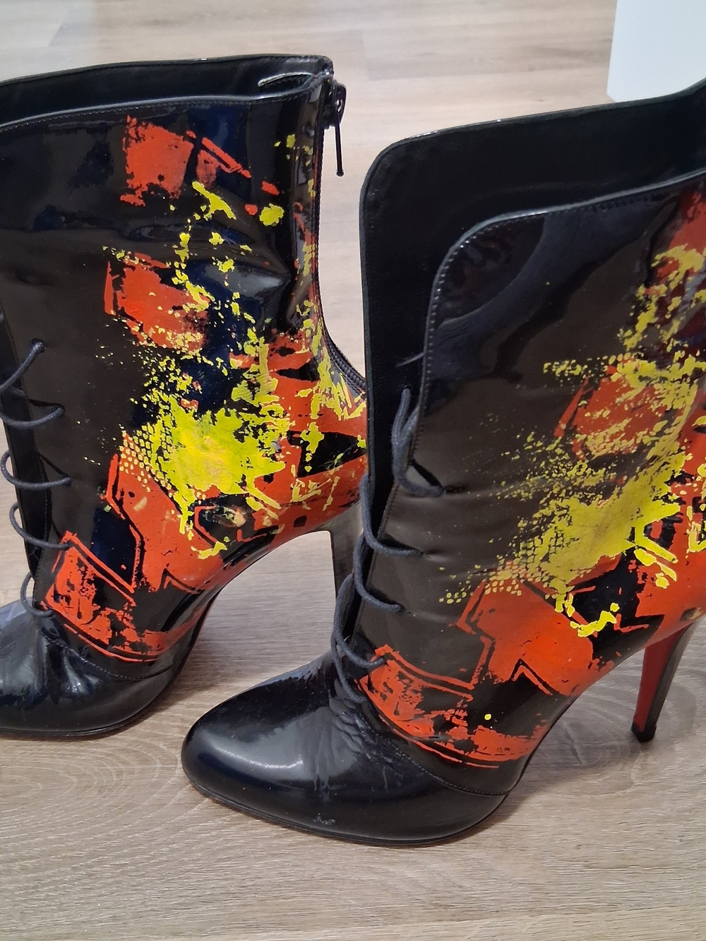 Women's Black Patent High-Heel Ankle Boots with Orange & Yellow Paint-Splash